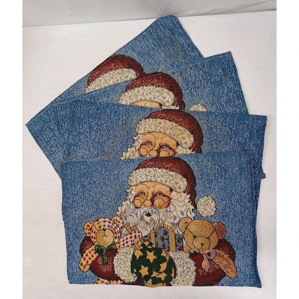 Vtg Christmas Santa Claus Teddy Bear Woven Tapestry Placemats Set of 4